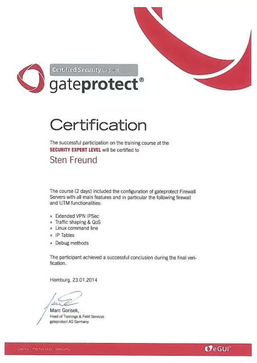 Sten Freund - Gateprotect Certified Security Expert