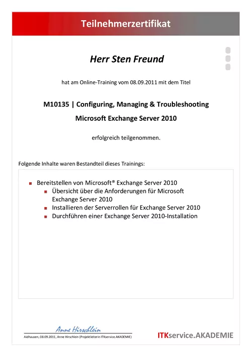Sten Freund - M10135 - Configuring, Managing & Troubleshooting Microsoft Exchange Server 2010