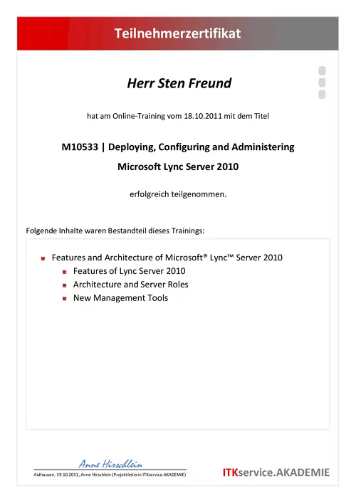 Sten Freund - M10533 - Deploying, Configuring and Administering Microsoft Lync Server 2010