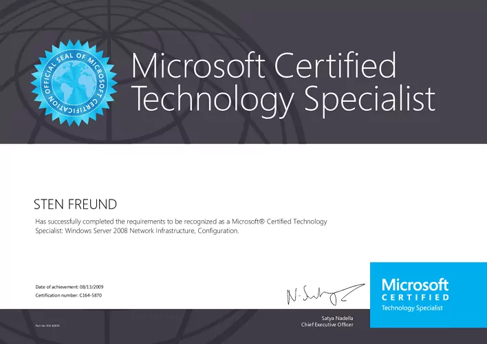 Sten Freund - Microsoft Certified Technology Specialist Windows Server 2008 Network Infrastructure, Configuration