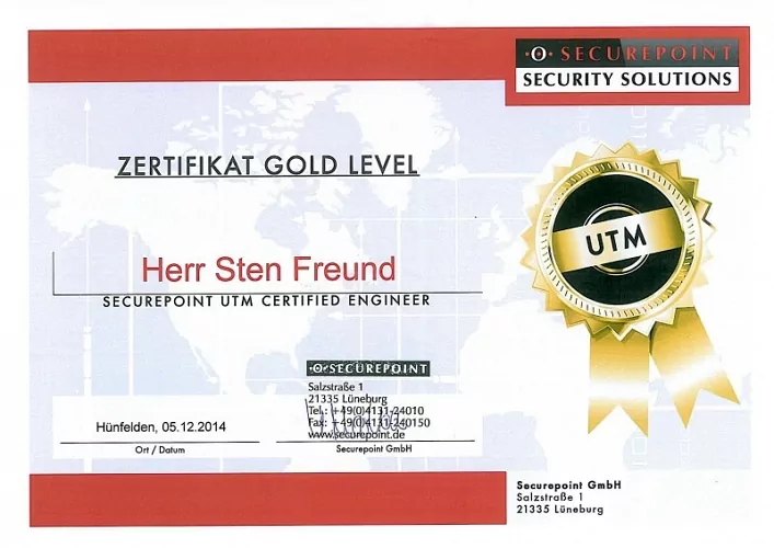 Sten Freund - Securepoint UTM Certified Engineer Gold