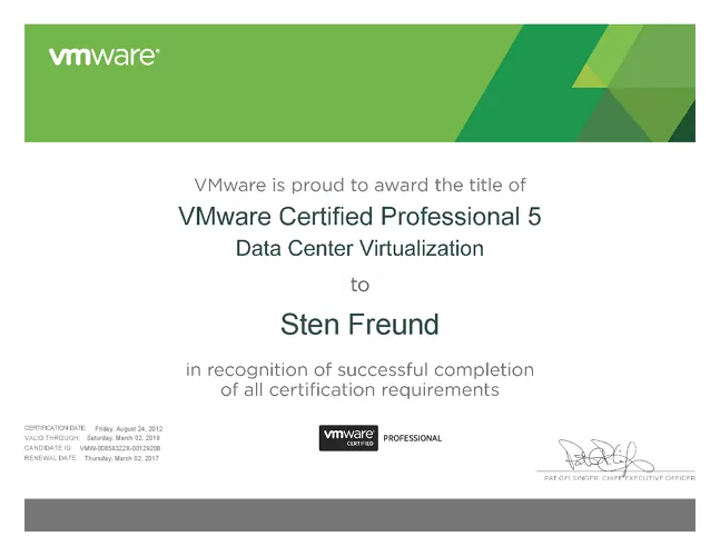 Sten Freund - VMware Certified Professional 5 - Data Center Virtualization certificate