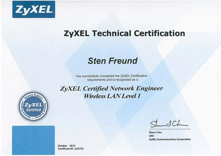 Sten Freund - Zyxel Certified Network Engenieer Wireless LAN Level 1