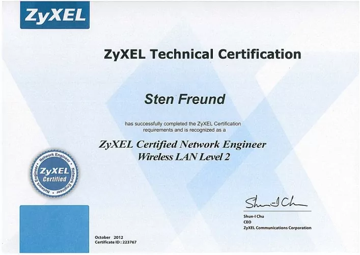 Sten Freund - Zyxel Certified Network Engenieer Wireless LAN Level 2